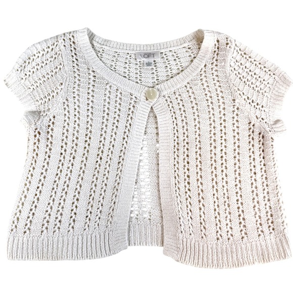 LOFT Sweaters - LOFT White Crochet Short Sleeve Button Front Cardigan Sweater Top Large Boho
